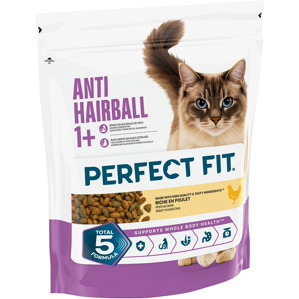Perfect Fit Anti Hairball Trockennahrung 1,4 kg Beutel mit Huhn und Katze.