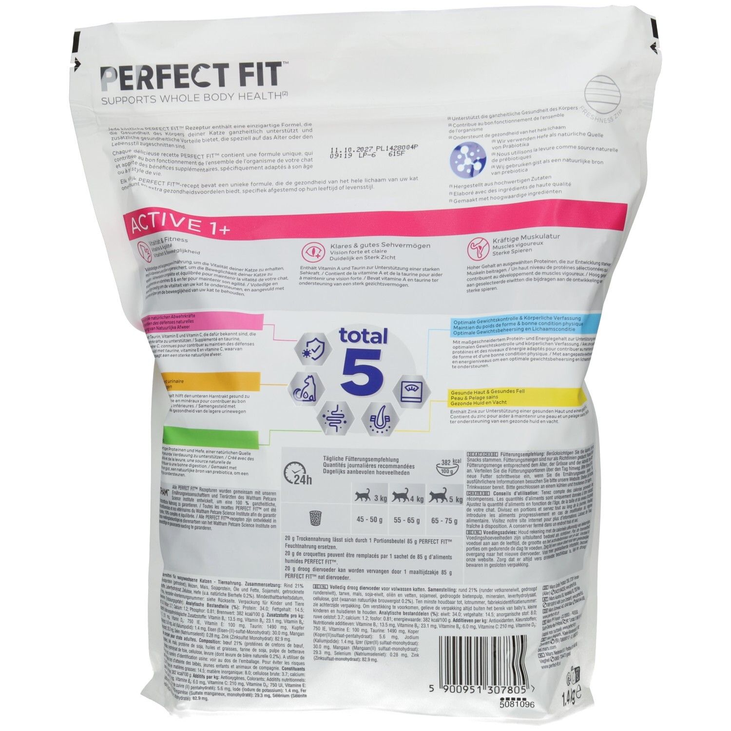 Rückseite Perfect Fit Active 1+ Trockennahrung für Katzen, 1,4 kg Beutel.