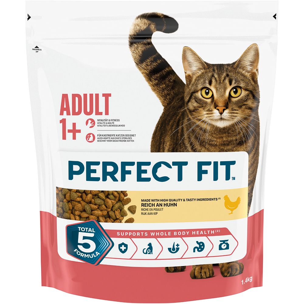 Perfect Fit Trockennahrung für erwachsene Katzen (1+ Jahre), Reich an Huhn. Beutel mit Katze und Futterprobe.