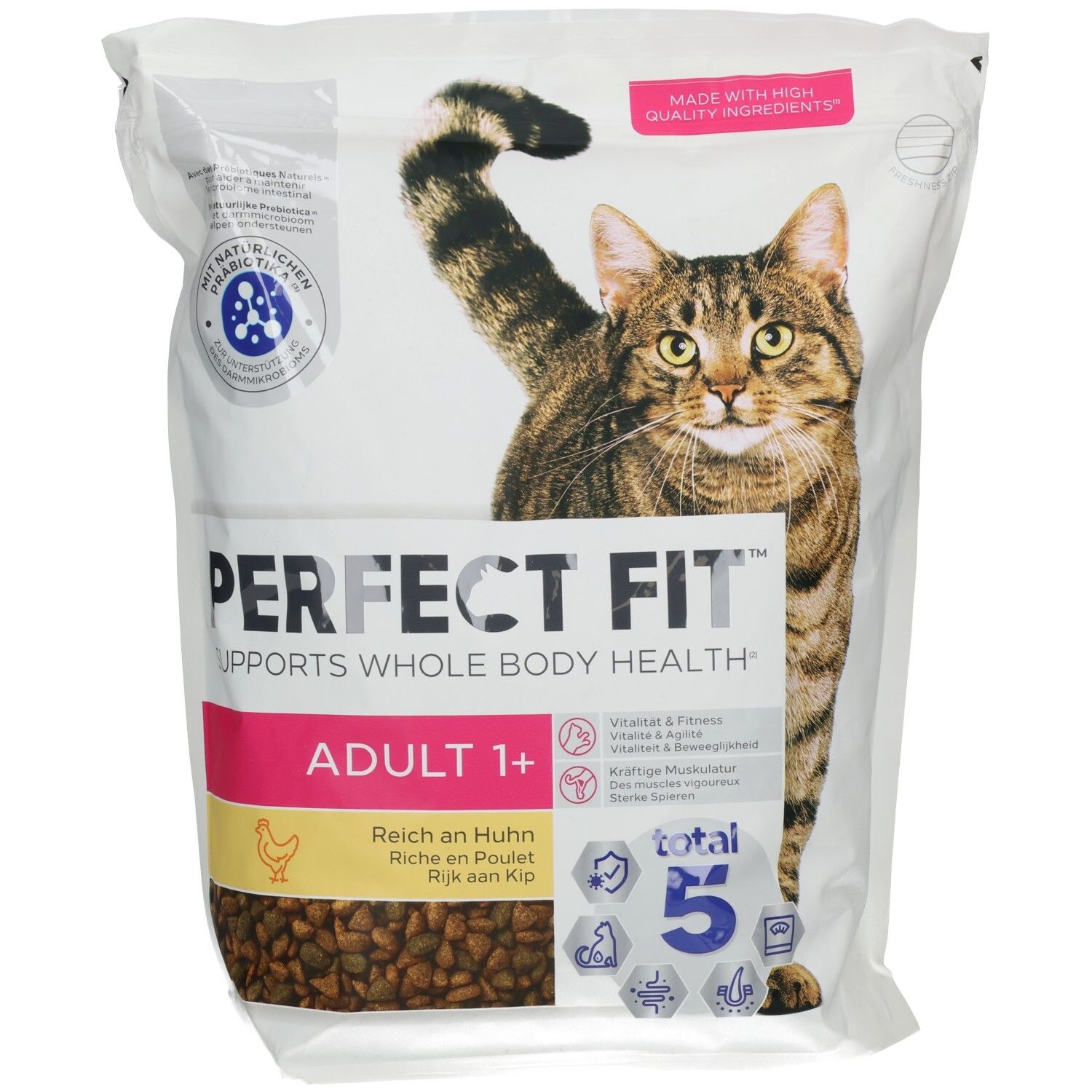 Perfect Fit Trockennahrung für erwachsene Katzen (1+ Jahre), Reich an Huhn. Beutel mit Katze und Futterprobe.