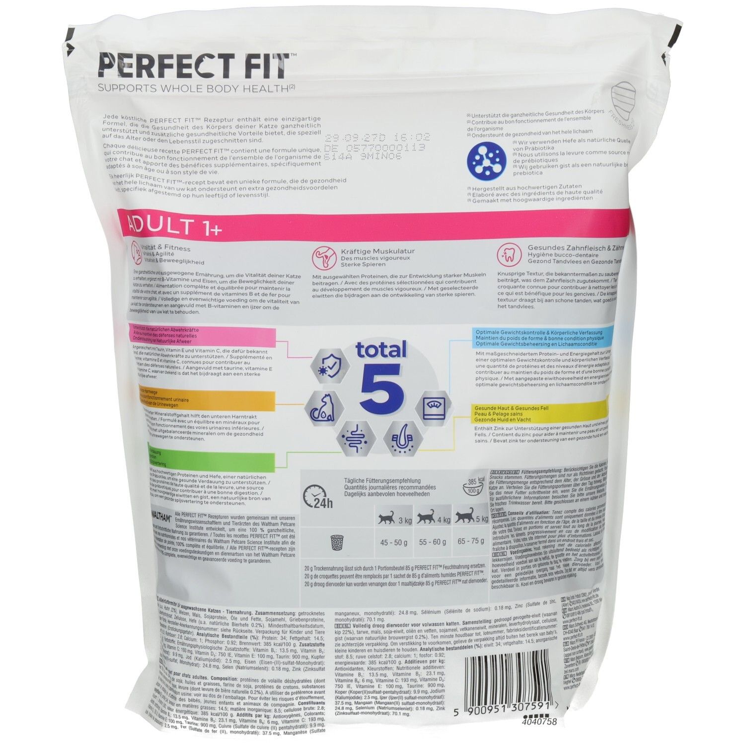 Rückseite des Perfect Fit Trockennahrung Beutels für erwachsene Katzen. Enthält Nährwertangaben und Anwendungshinweise.