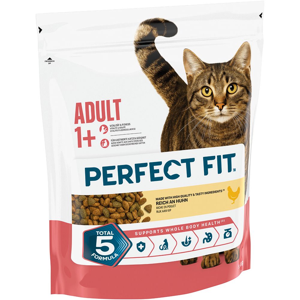 Perfect Fit Trockennahrung für erwachsene Katzen (1+ Jahre), Reich an Huhn. Beutel mit Katze und Futterprobe.