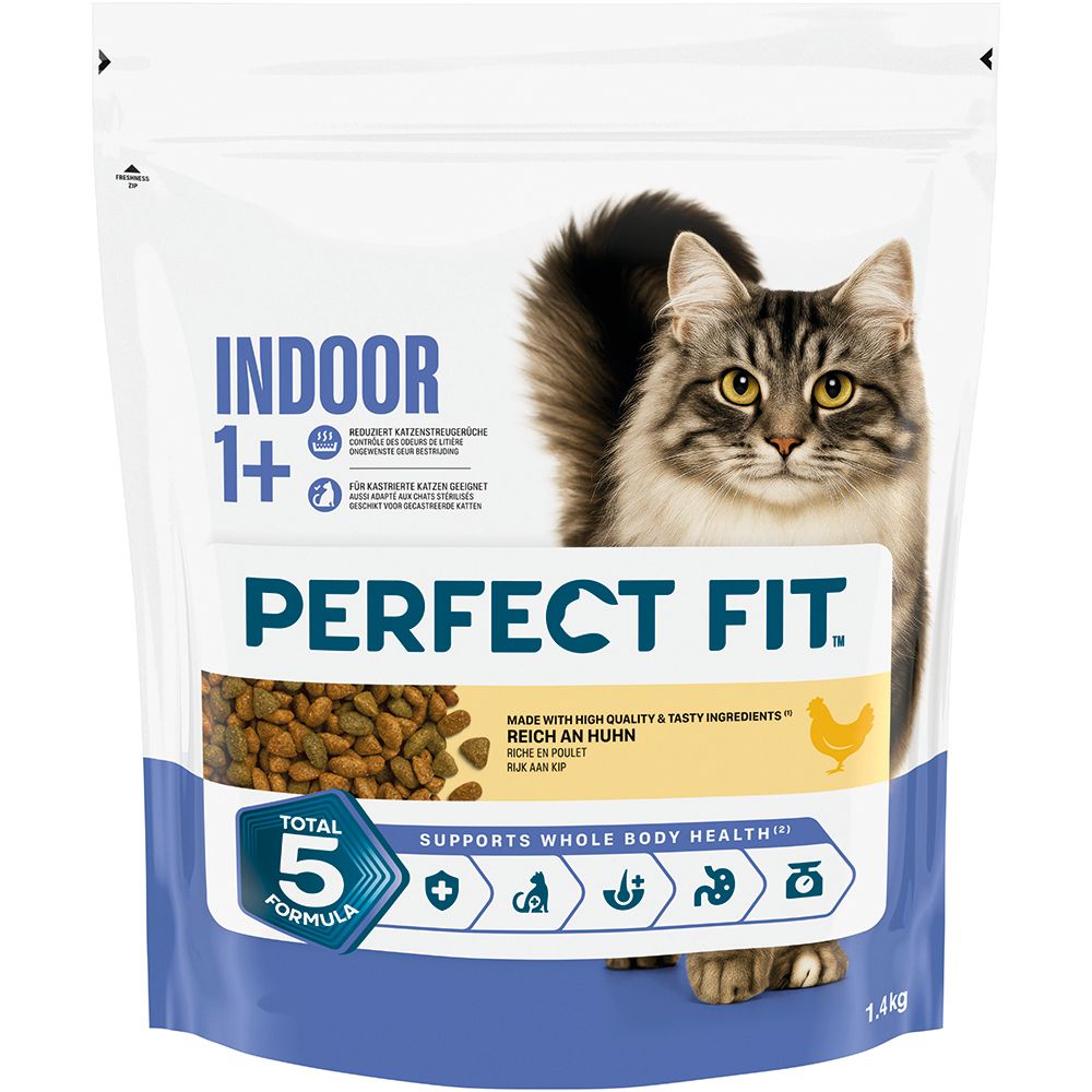 Perfect Fit Trockennahrung für Indoor-Katzen 1+, Reich an Huhn, 1,4 kg Beutel mit Katze und Produktinformationen.