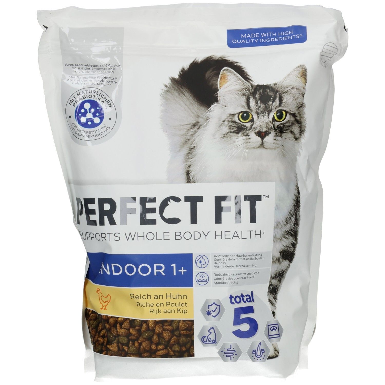 Perfect Fit Trockennahrung für Indoor-Katzen 1+, Reich an Huhn, 1,4 kg Beutel mit Katze und Produktinformationen.