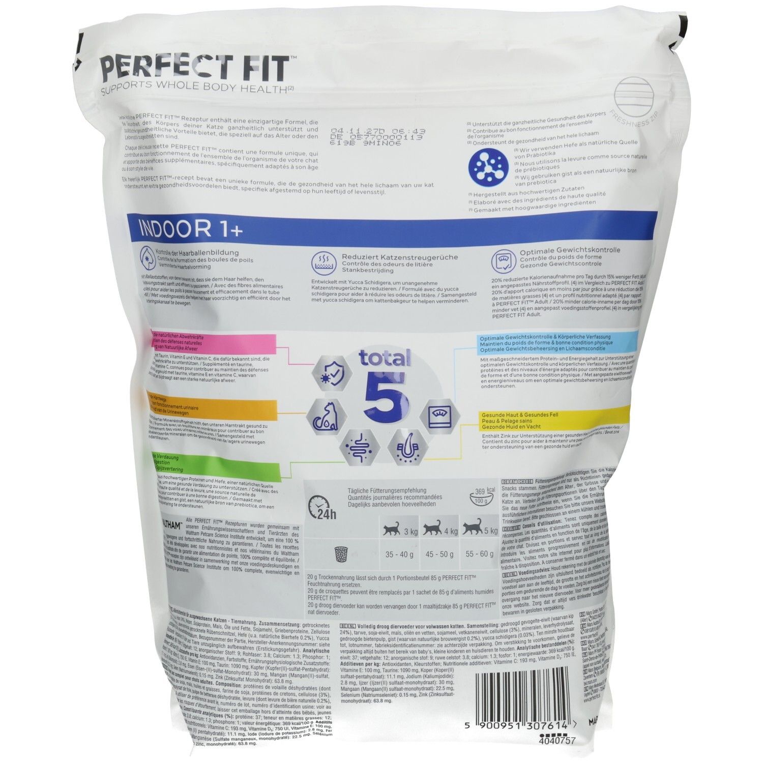 Rückseite des Perfect Fit Trockennahrung Beutels für Indoor-Katzen 1+, Reich an Huhn, 1,4 kg, mit detaillierten Informationen.