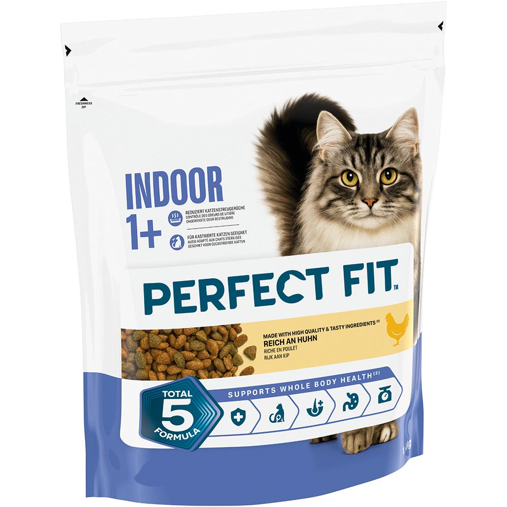 Perfect Fit Trockennahrung für Indoor-Katzen 1+, Reich an Huhn, 1,4 kg Beutel mit Katze und Produktinformationen.