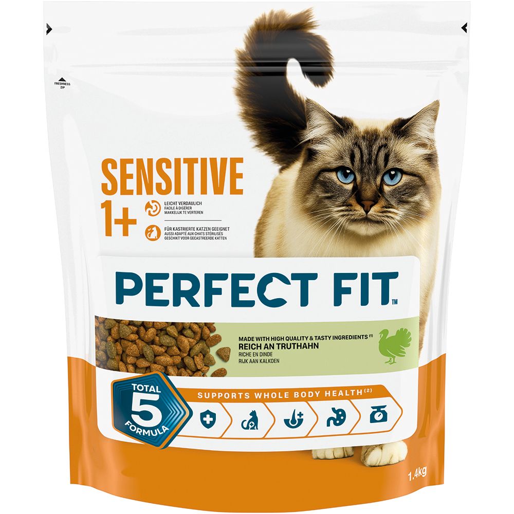 Perfect Fit Trockennahrung für sensible Katzen, 1,4 kg, mit Truthahn.