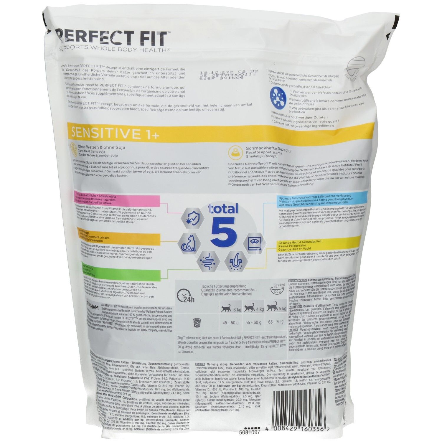 Rückseite der Perfect Fit Trockennahrung für sensible Katzen, 1,4 kg.