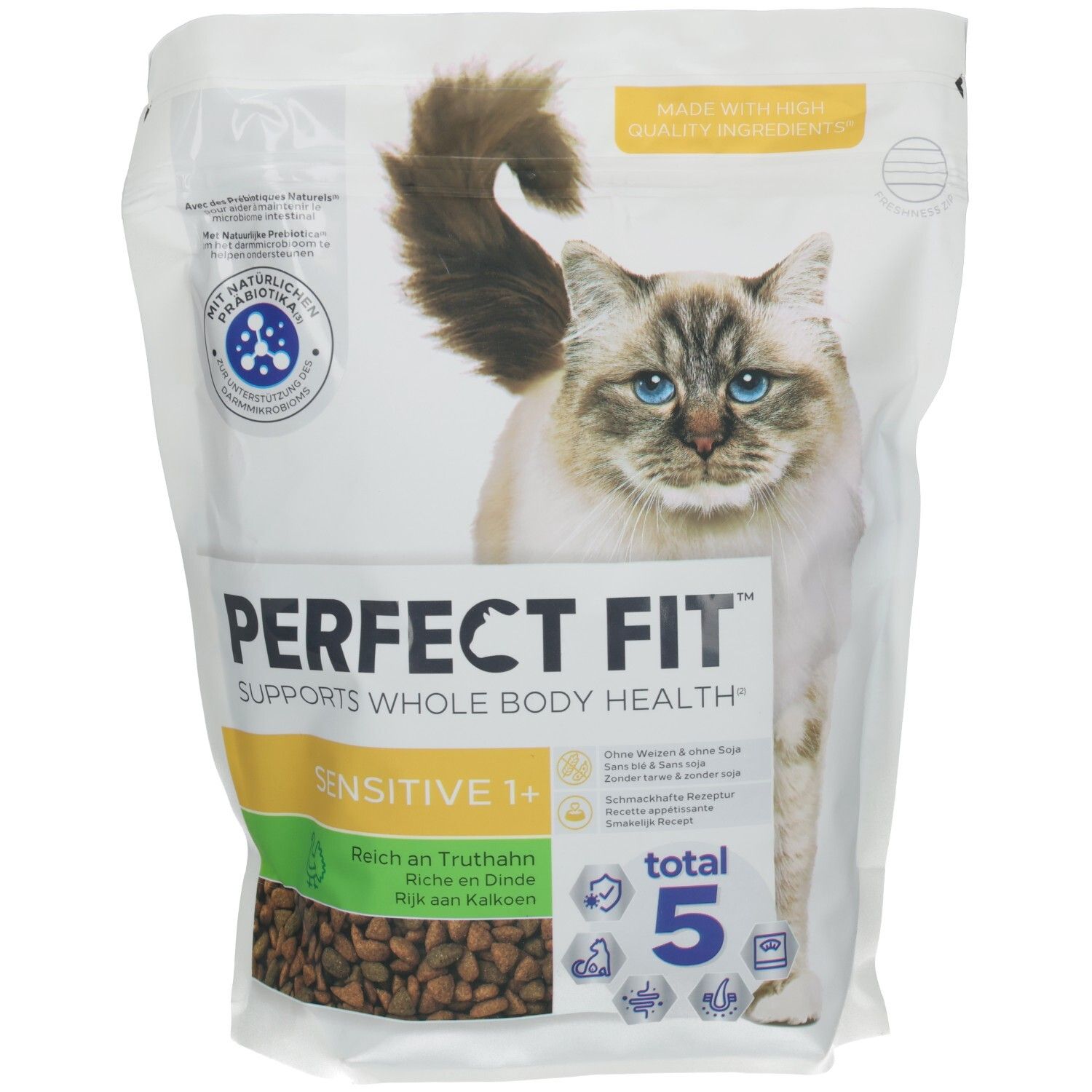 Perfect Fit Trockennahrung für Katzen, Sensitive 1+, Reich an Truthahn, 750g Beutel mit Katze und Siegeln.