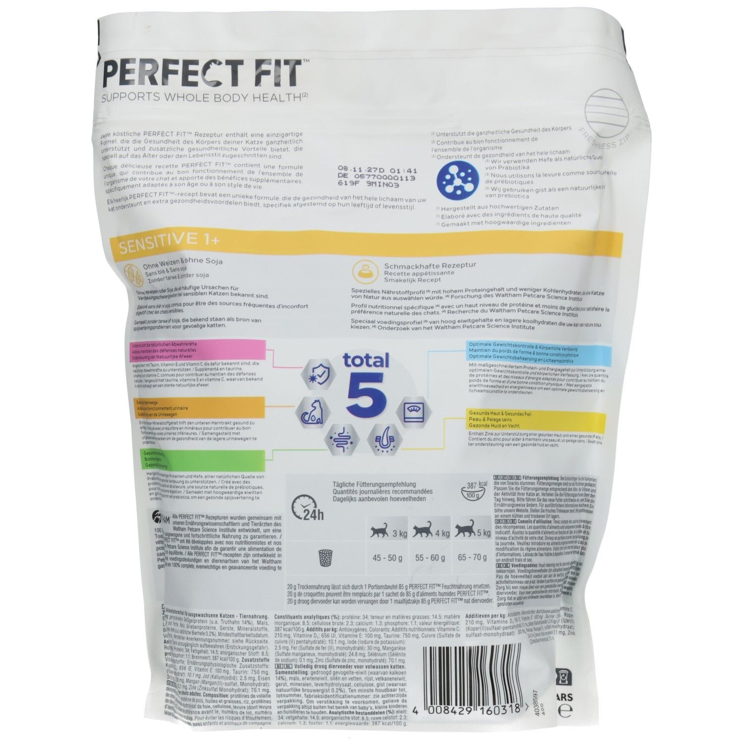 Rückseite des Perfect Fit Trockennahrung Beutels, Sensitive 1+, mit detaillierten Informationen und Anwendungshinweisen.