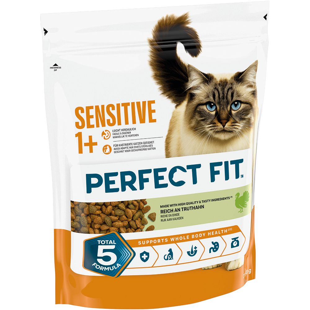 Perfect Fit Trockennahrung für Katzen, Sensitive 1+, Reich an Truthahn, 750g Beutel mit Katze und Futter.