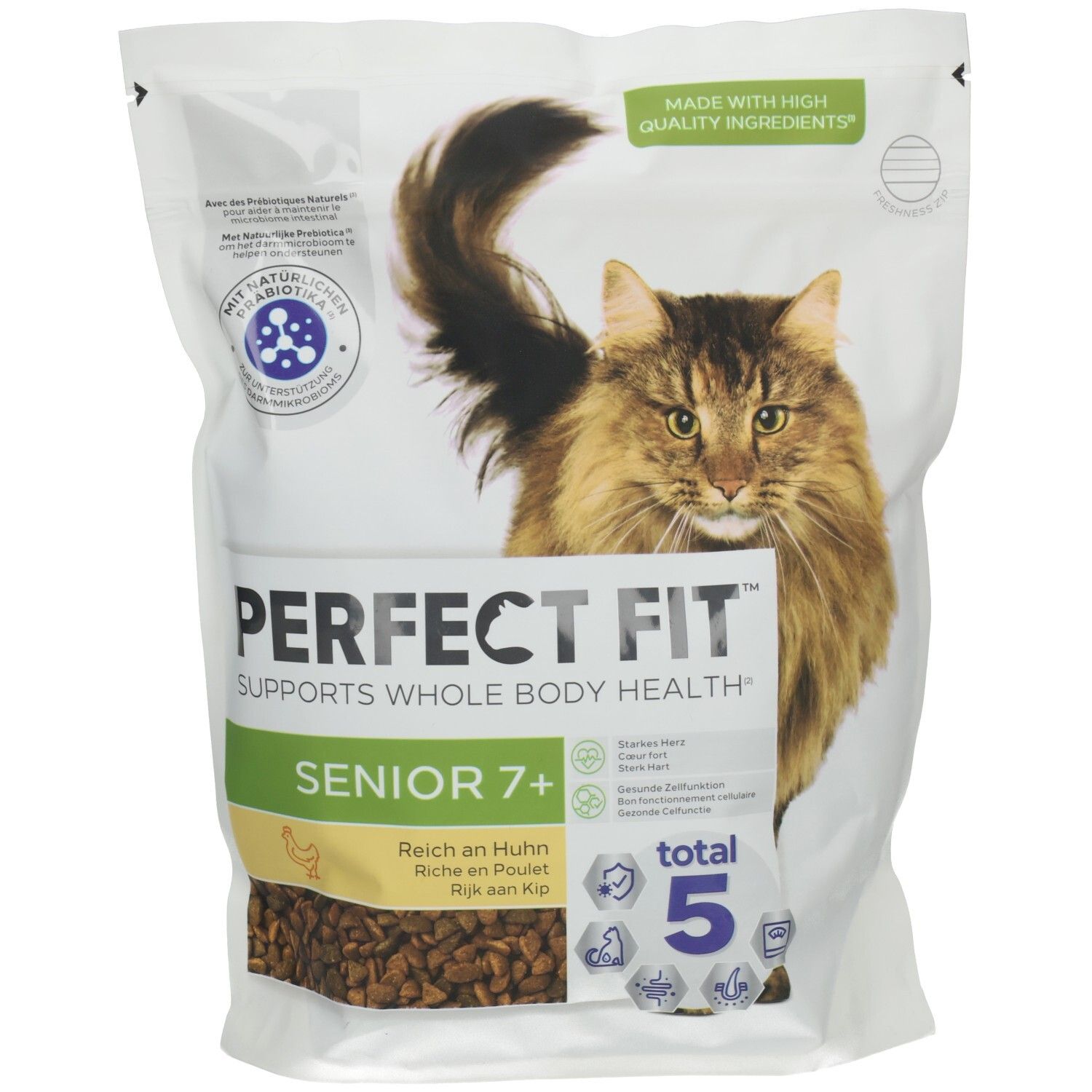 Perfect Fit Senior 7+ Katzenfutter mit Huhn, 750g Beutel. Zeigt eine Katze und Produktinformationen.