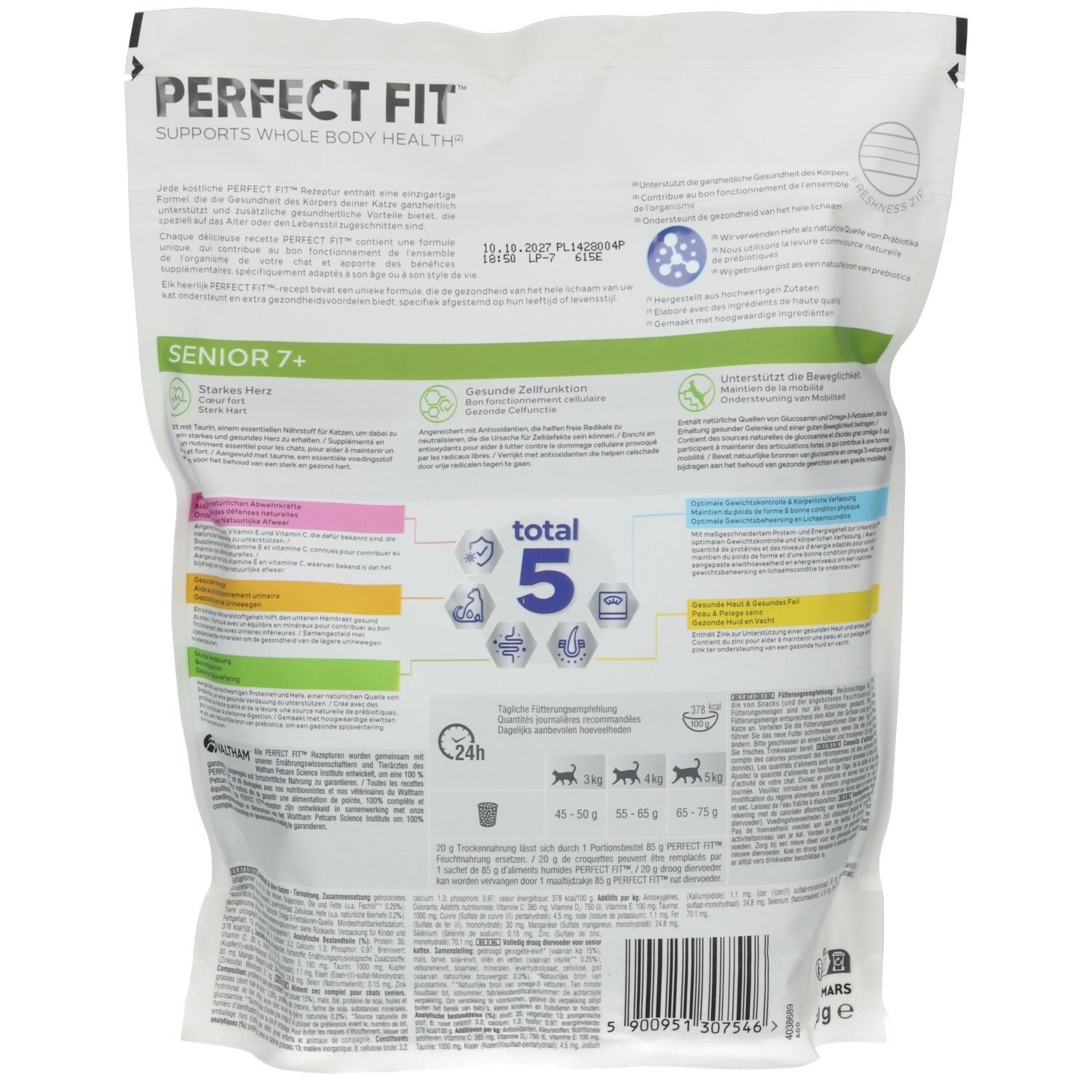 Rückseite des Perfect Fit Senior 7+ Katzenfutters mit Huhn, 750g Beutel. Enthält detaillierte Produktinformationen.