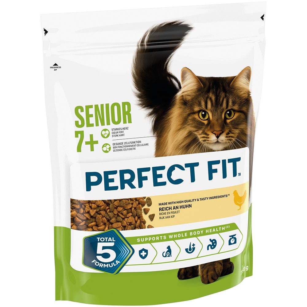 Perfect Fit Senior 7+ Katzenfutter mit Huhn, 750g Beutel. Zeigt eine Katze und Produktinformationen.