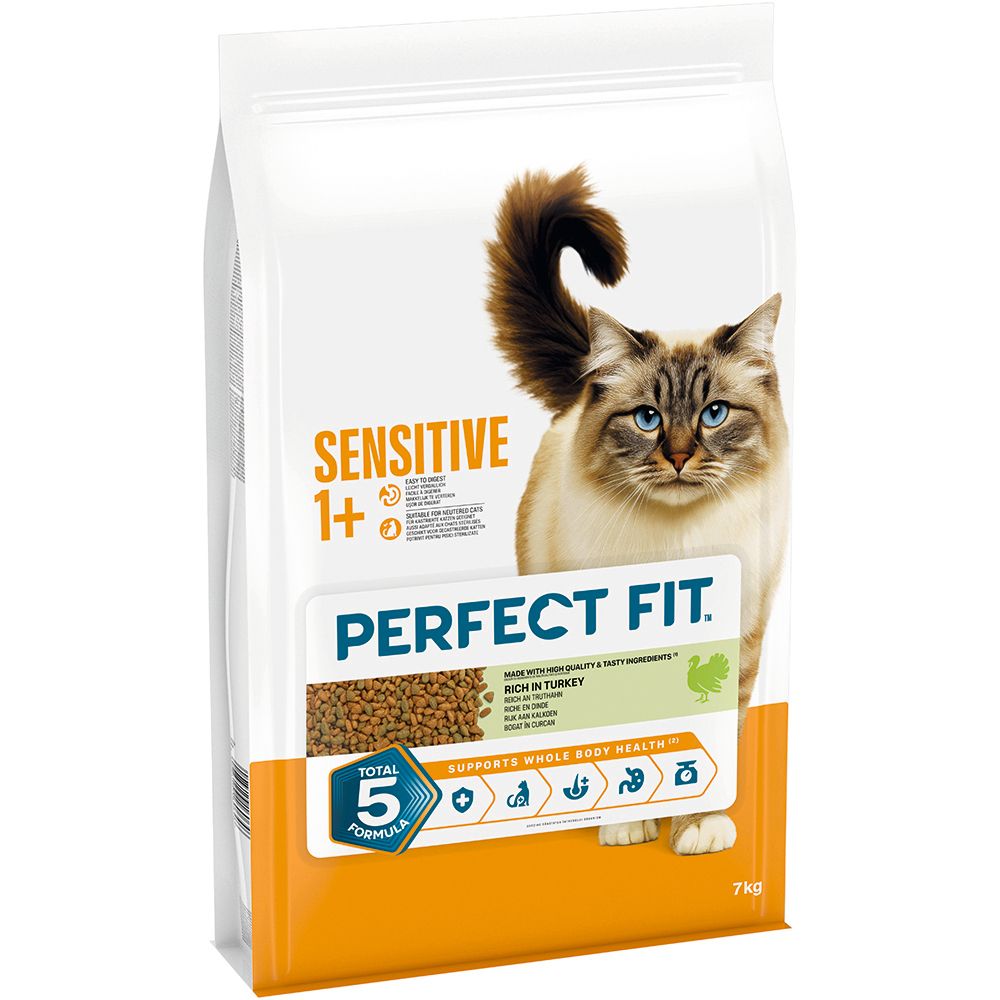 Perfect Fit Trockennahrung für Katzen, Sorte Sensitive 1+, 7 kg Beutel mit Truthahn.