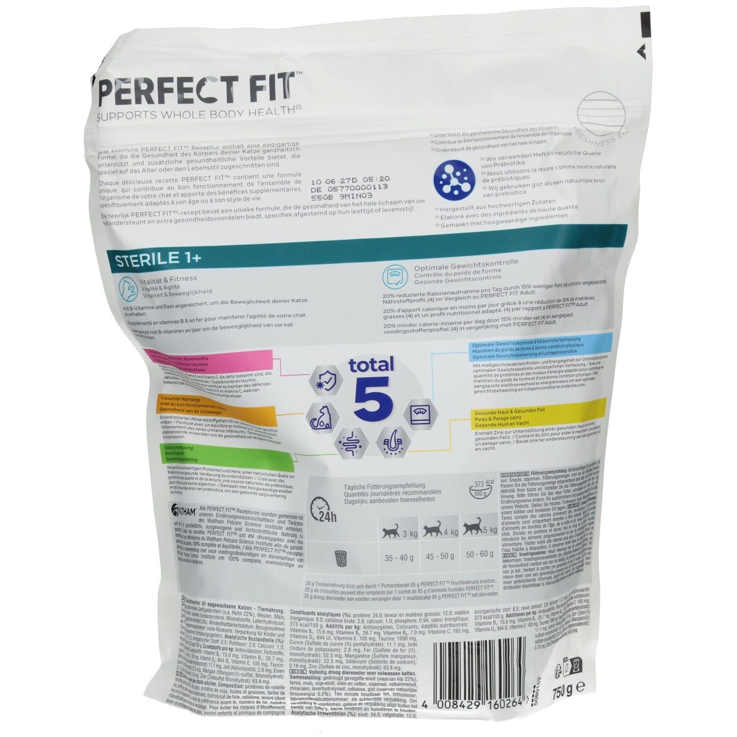 Rückseite Perfect Fit Trockennahrung für Katzen, 750g, mit Huhn, Nährwertangaben und Fütterungsempfehlung.