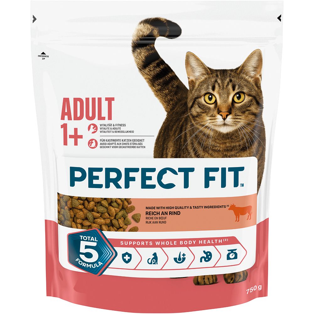 Perfect Fit Trockennahrung für erwachsene Katzen, 750g Beutel mit Rind.
