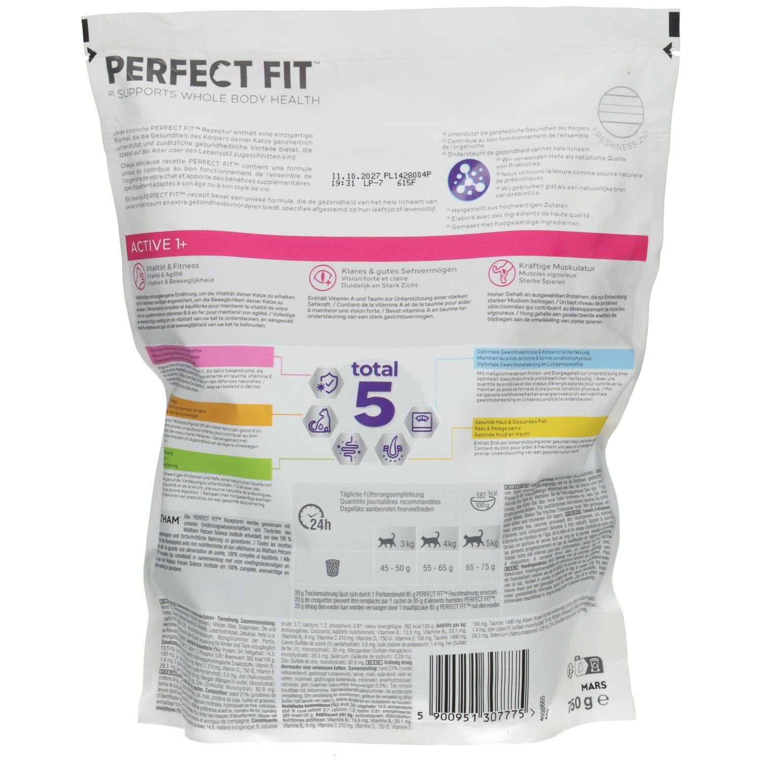 Rückseite Perfect Fit Active Trockennahrung für Katzen 1+, 750g Beutel.