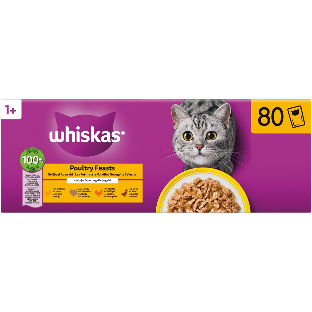Whiskas Frischebeutel 80er Packung Geflügel Auswahl in Gelee, 1+ Jahre.