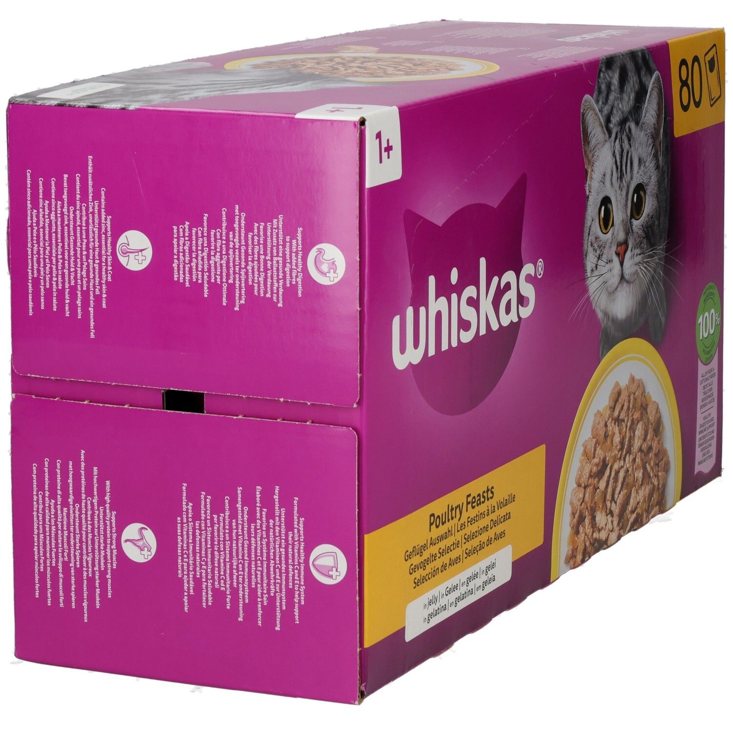 Whiskas Frischebeutel 80er Packung Geflügel Auswahl in Gelee, 1+ Jahre, Seitenansicht.