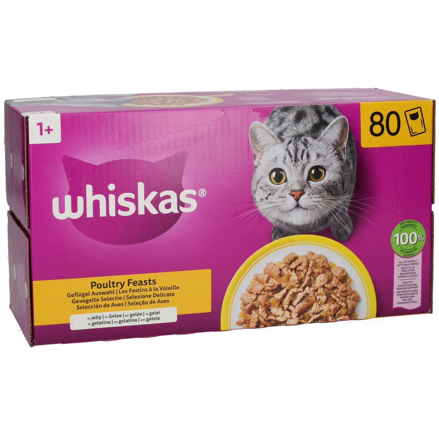 Whiskas Frischebeutel 80er Packung Geflügel Auswahl in Gelee, 1+ Jahre, schräg.