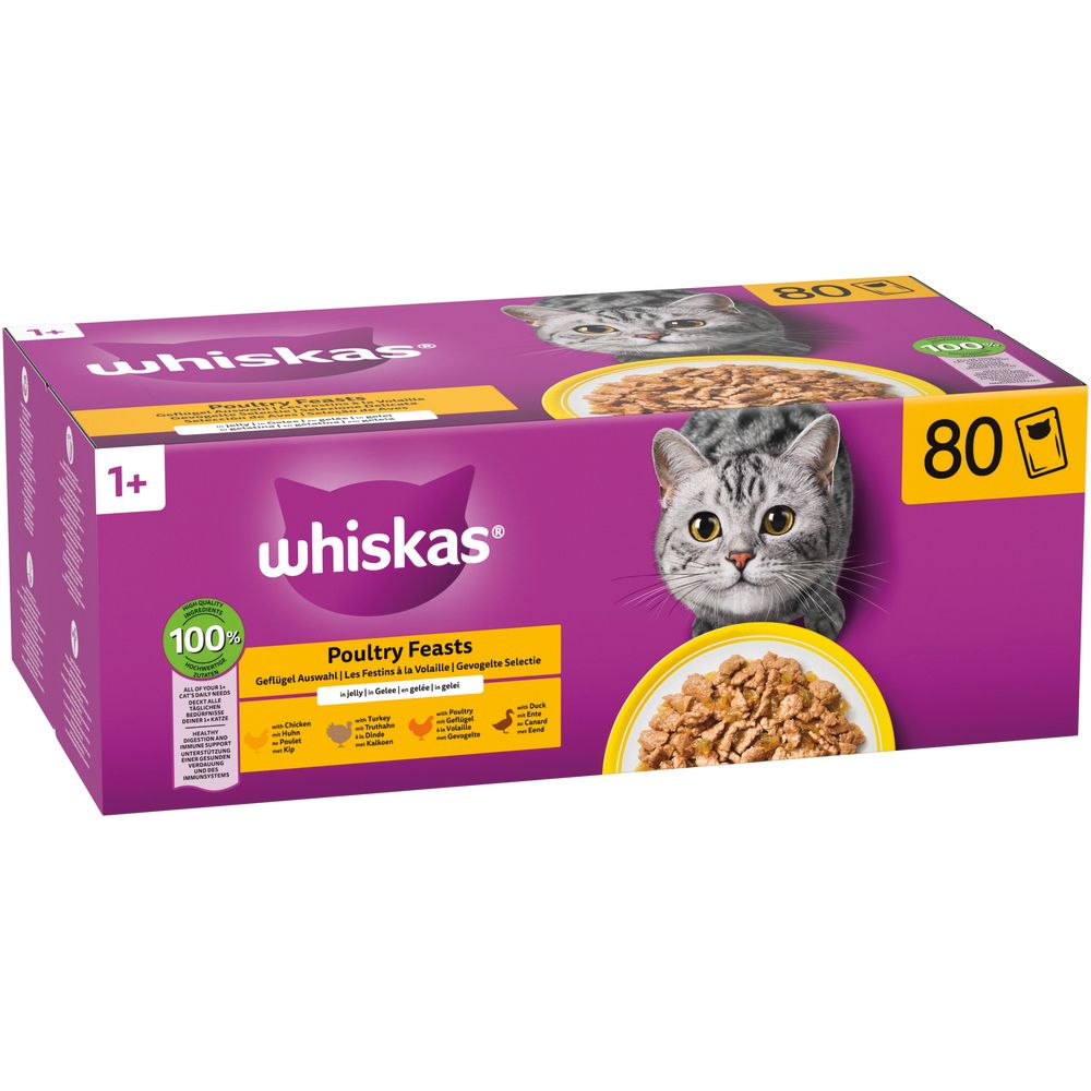 Whiskas Frischebeutel 80er Packung Geflügel Auswahl in Gelee, 1+ Jahre, schräg.