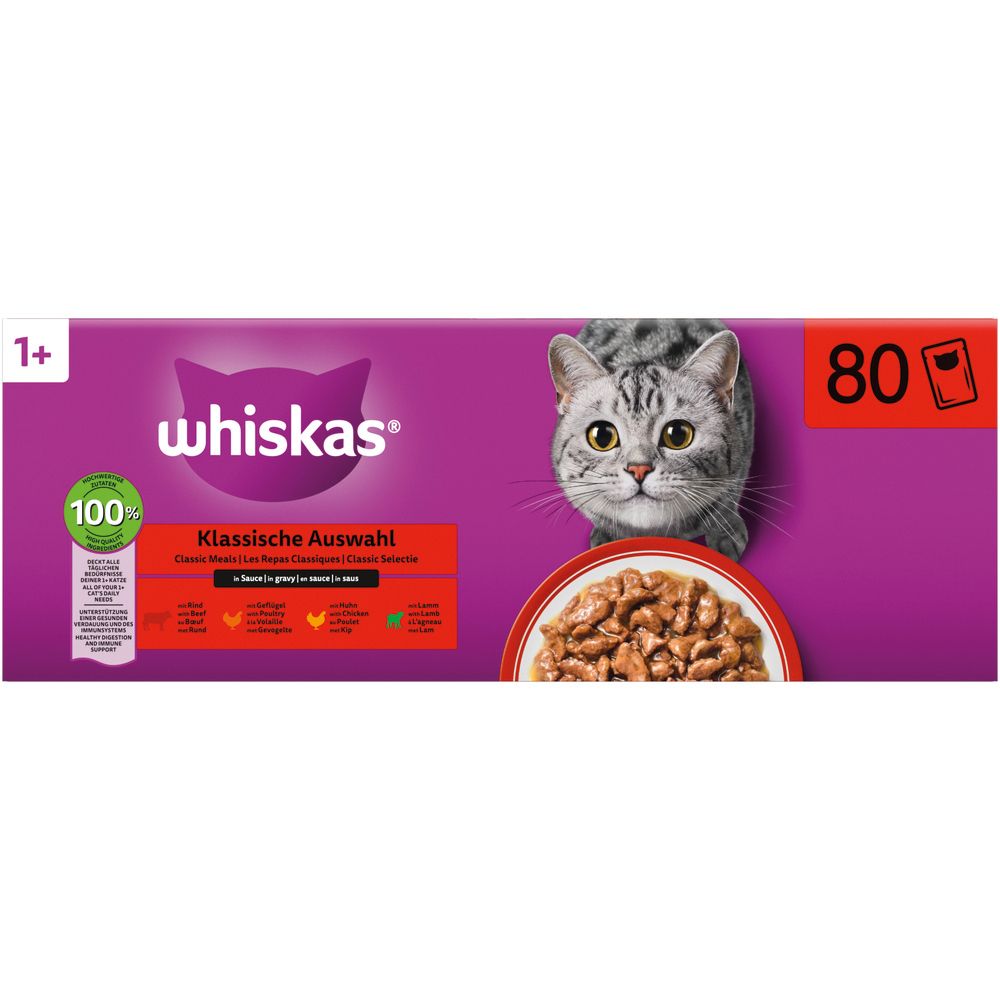 Verpackung Whiskas Aromatic Geflügel Auswahl mit Katze und Futter.
