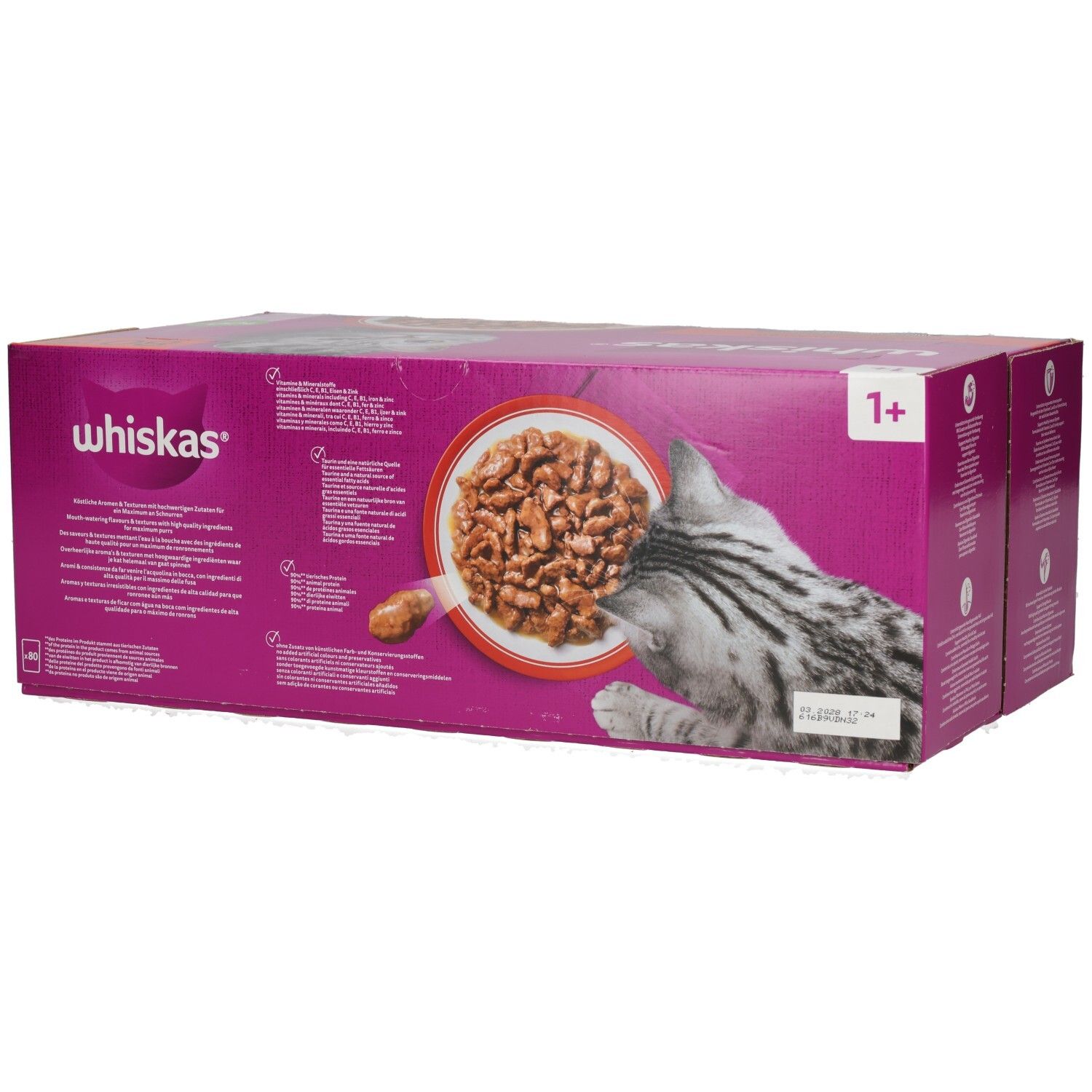 Whiskas Katzenfutter-Box mit einem Bild einer Katze, die aus einer Schüssel frisst.