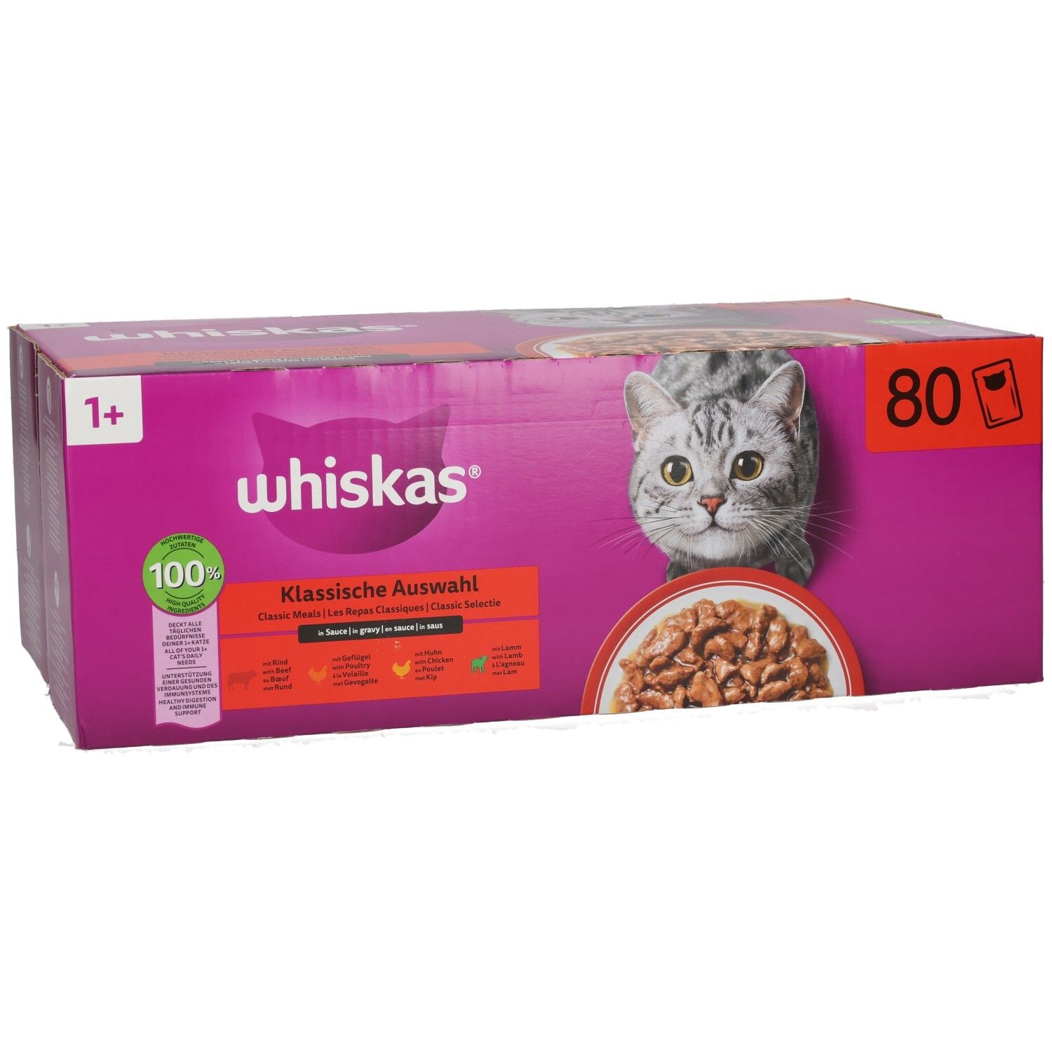Whiskas Katzenfutter-Box 'Klassische Auswahl' für Katzen ab 1 Jahr, 80 Beutel.