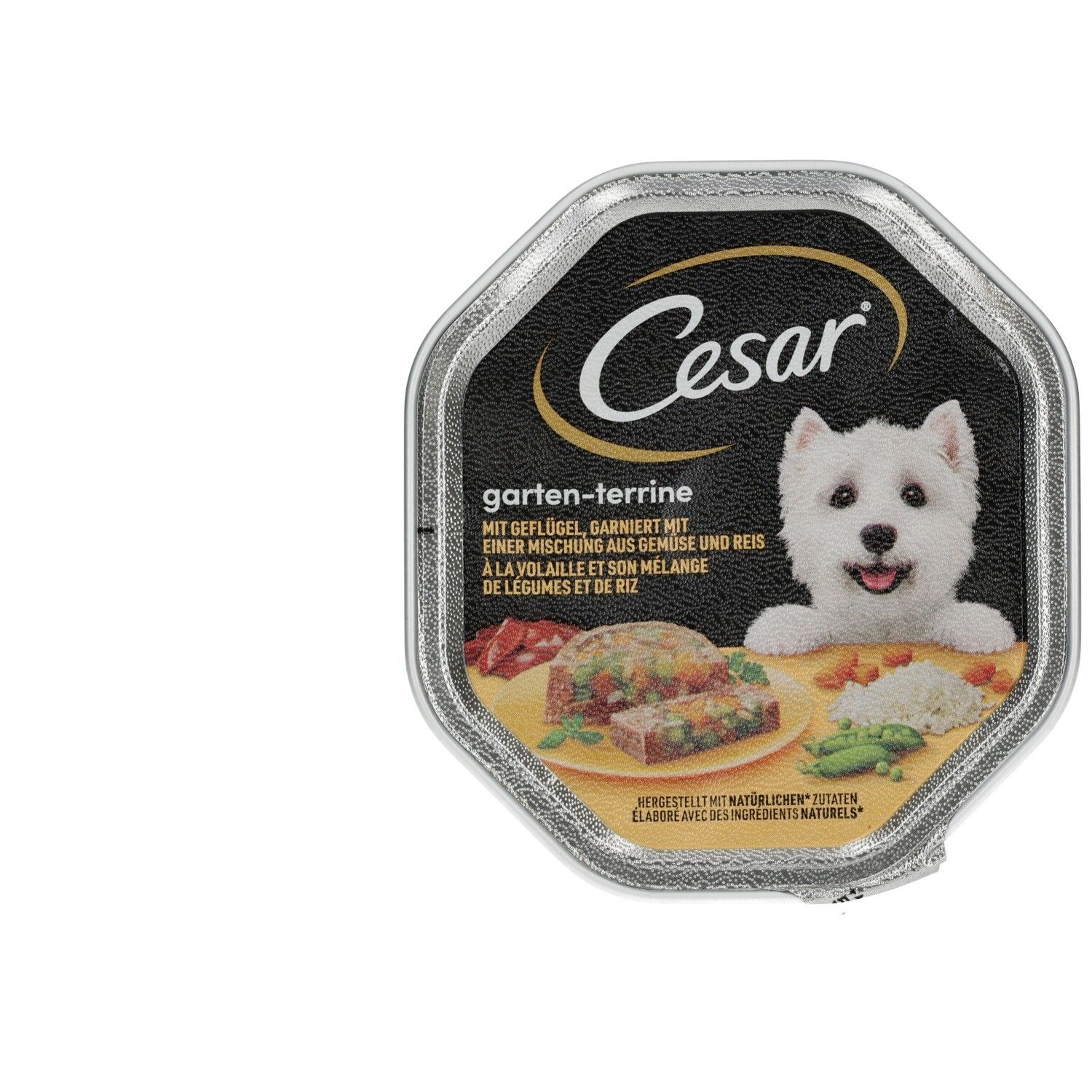 Hundefutter-Schale Cesar Garten-Terrine mit Geflügel, Gemüse und Reis. Mit Hund und Produktabbildung.
