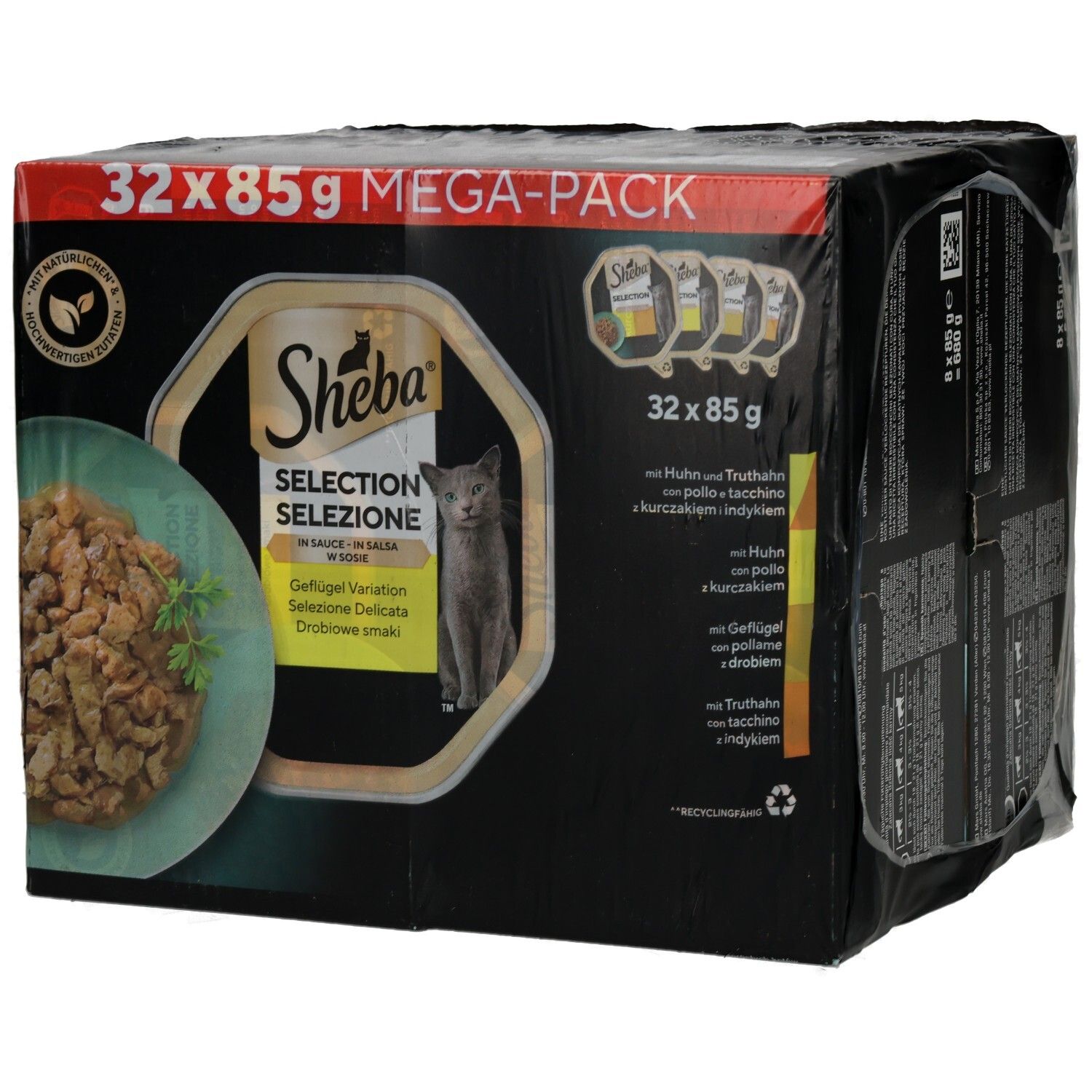 Sheba Selection Megapack 32x85g: Karton mit 32 Schalen Geflügelvariation in Sauce.