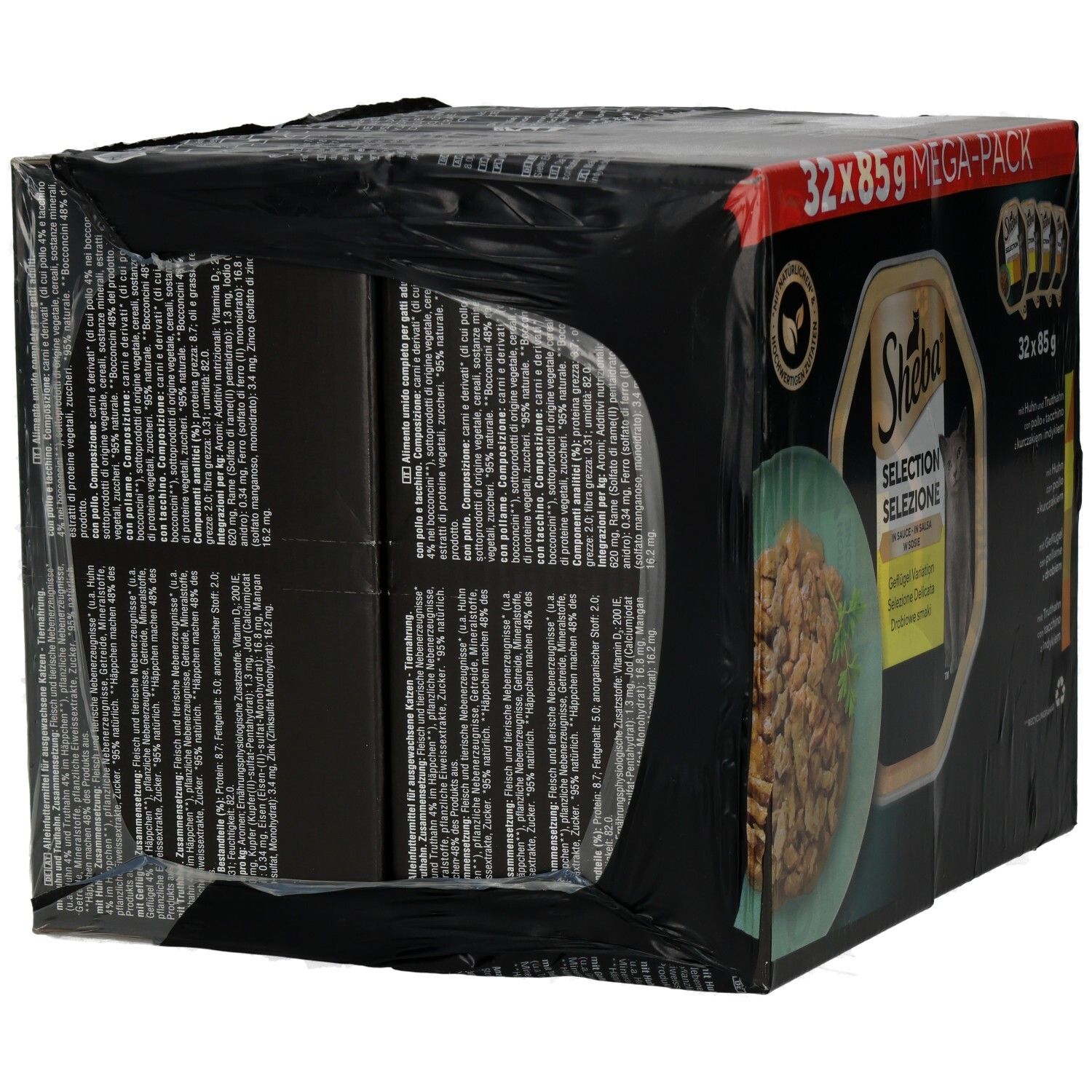 Sheba Selection Megapack 32x85g: Rückseite des Kartons mit Produktinformationen.