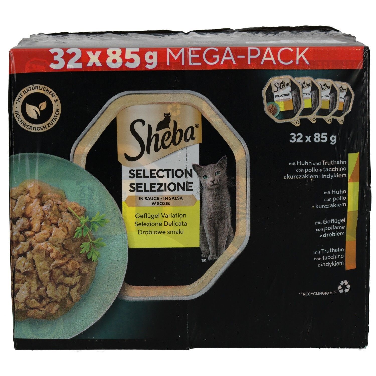 Sheba Selection Megapack 32x85g: Vorderseite des Kartons mit Produktabbildung.