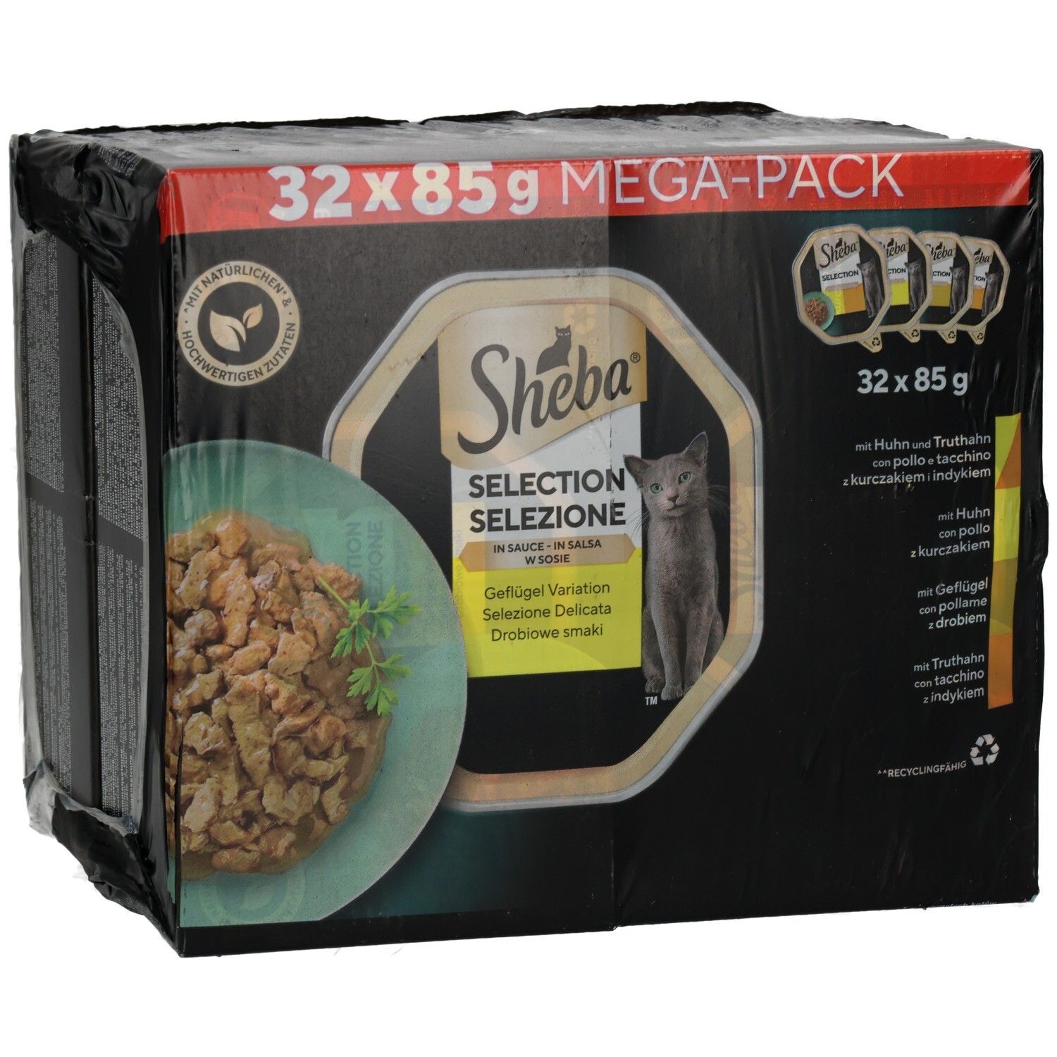 Sheba Selection Megapack 32x85g: Karton mit 32 Schalen Geflügelvariation in Sauce.