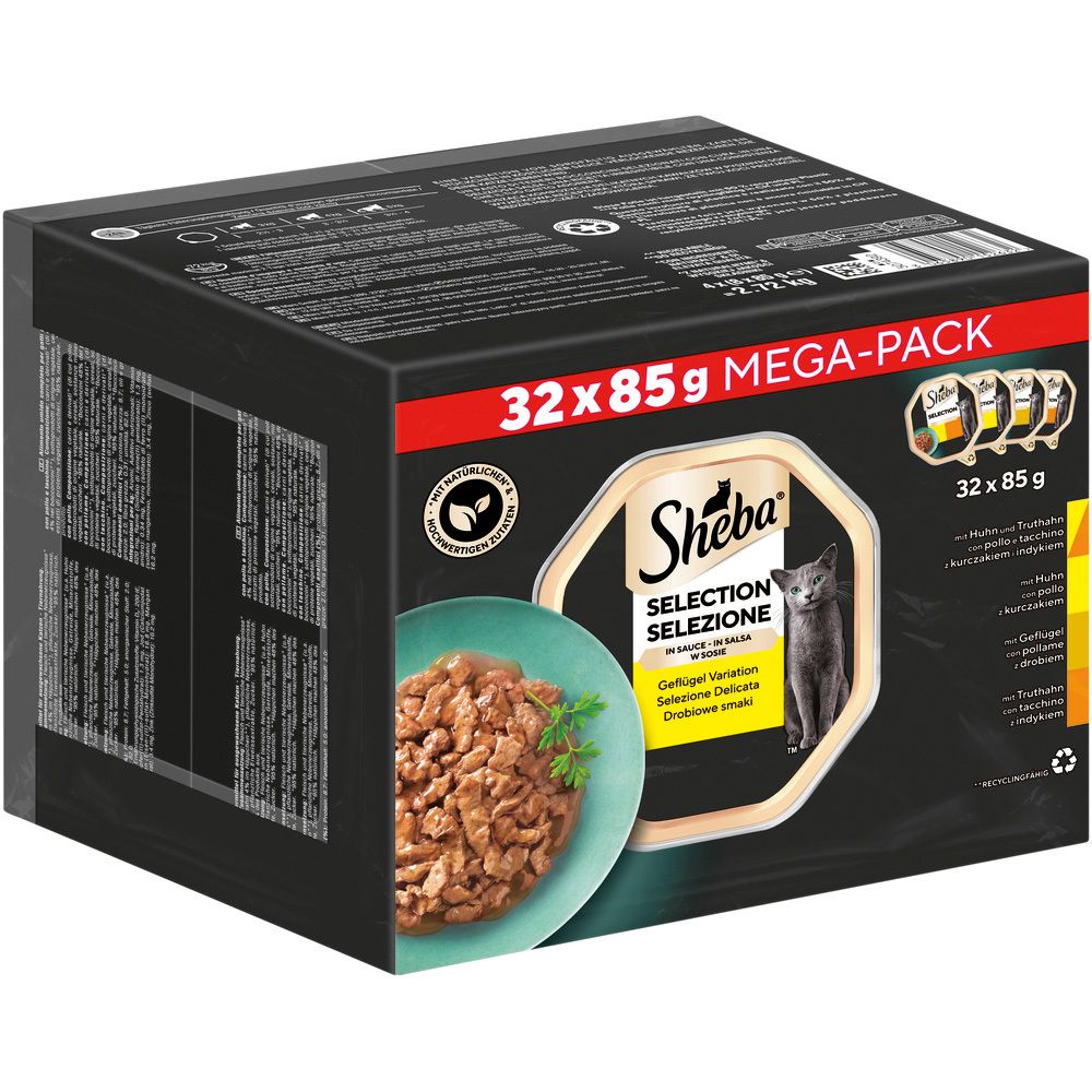 Sheba Selection Megapack 32x85g: Karton mit 32 Schalen Geflügelvariation in Sauce.