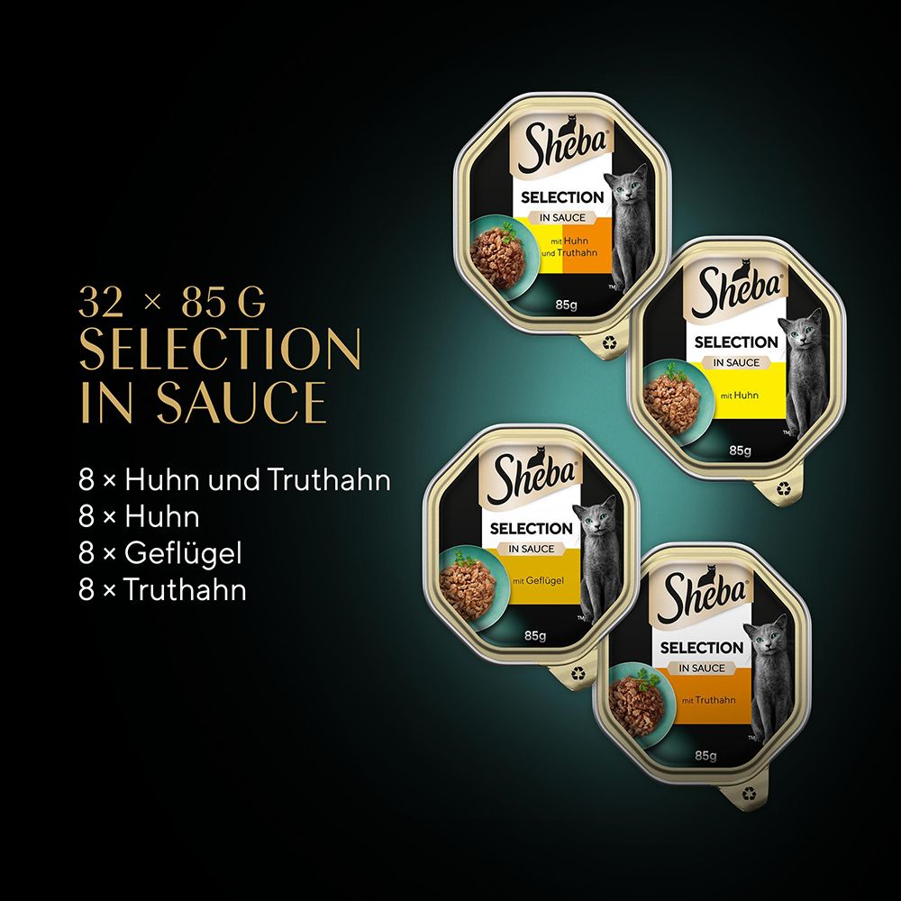 Sheba Selection in Sauce: 32 Schalen, 8x Huhn, 8x Geflügel, 8x Truthahn.