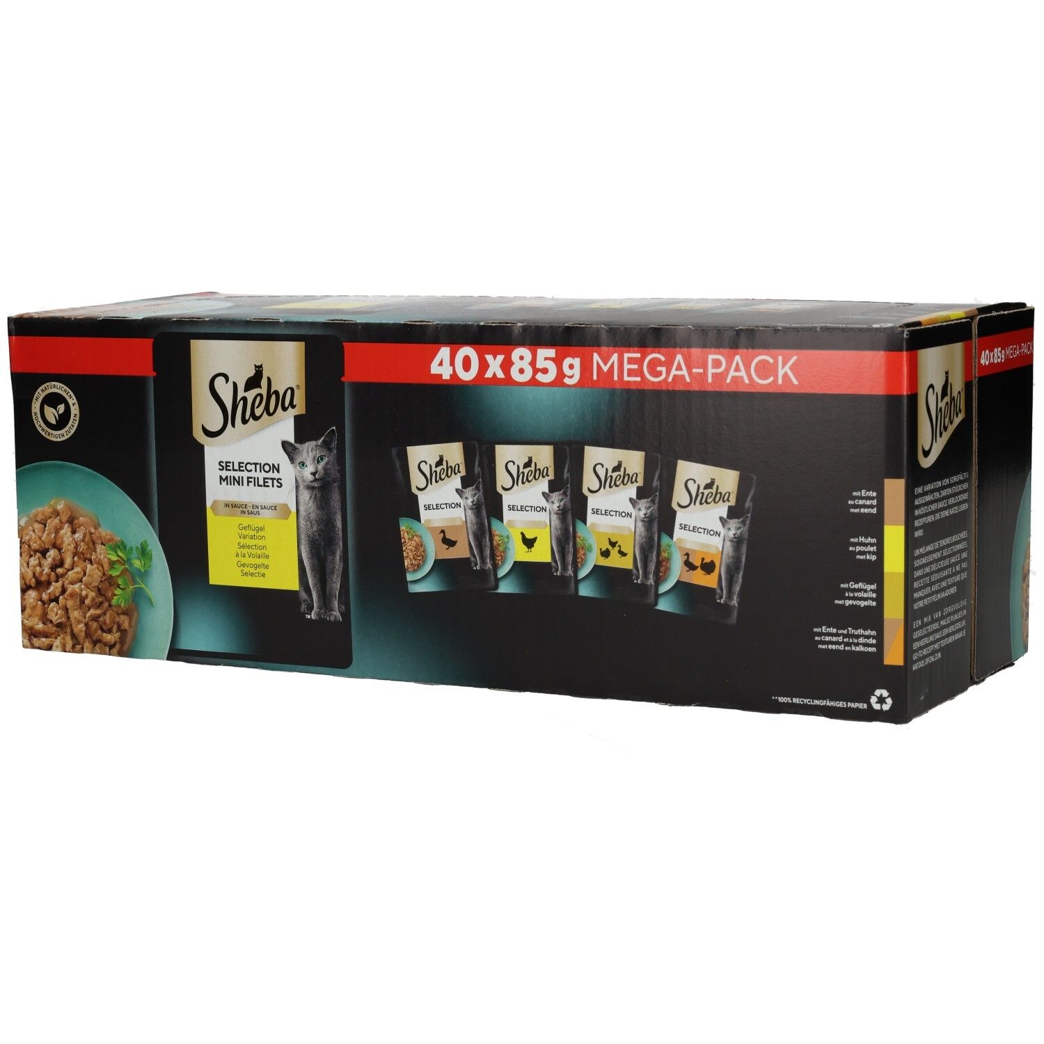 Sheba Selection Mega-Pack: 40x85g Karton mit 4 verschiedenen Geflügel-Variationen in Sauce.