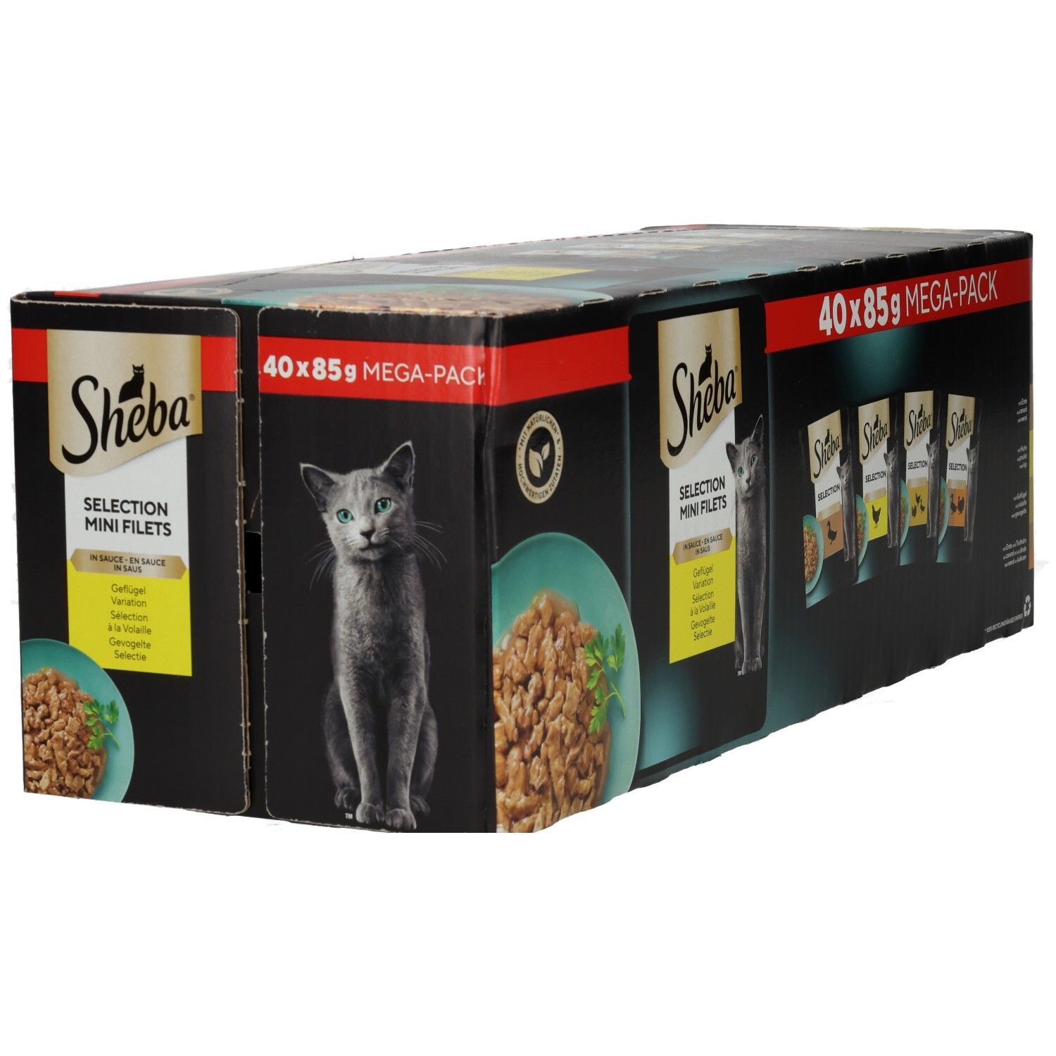 Sheba Selection Mega-Pack: 40x85g Karton mit 4 verschiedenen Geflügel-Variationen in Sauce.
