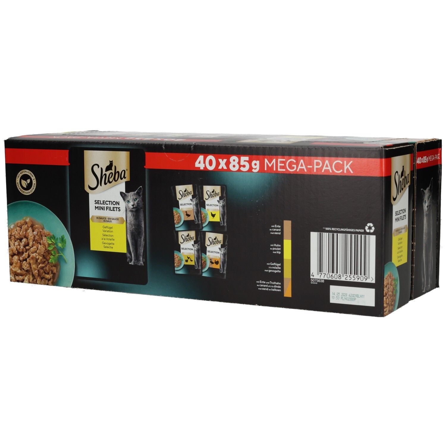 Sheba Selection Mega-Pack: 40x85g Karton mit 4 verschiedenen Geflügel-Variationen in Sauce.