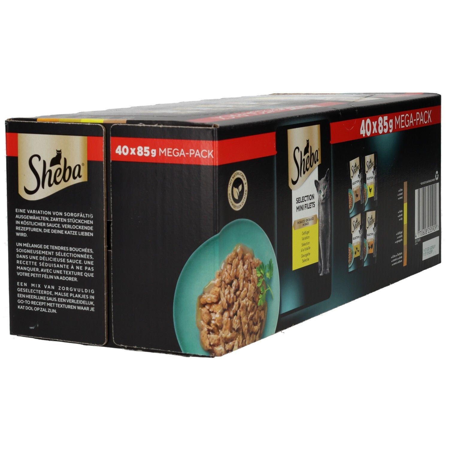 Sheba Selection Mega-Pack: 40x85g Karton mit 4 verschiedenen Geflügel-Variationen in Sauce.
