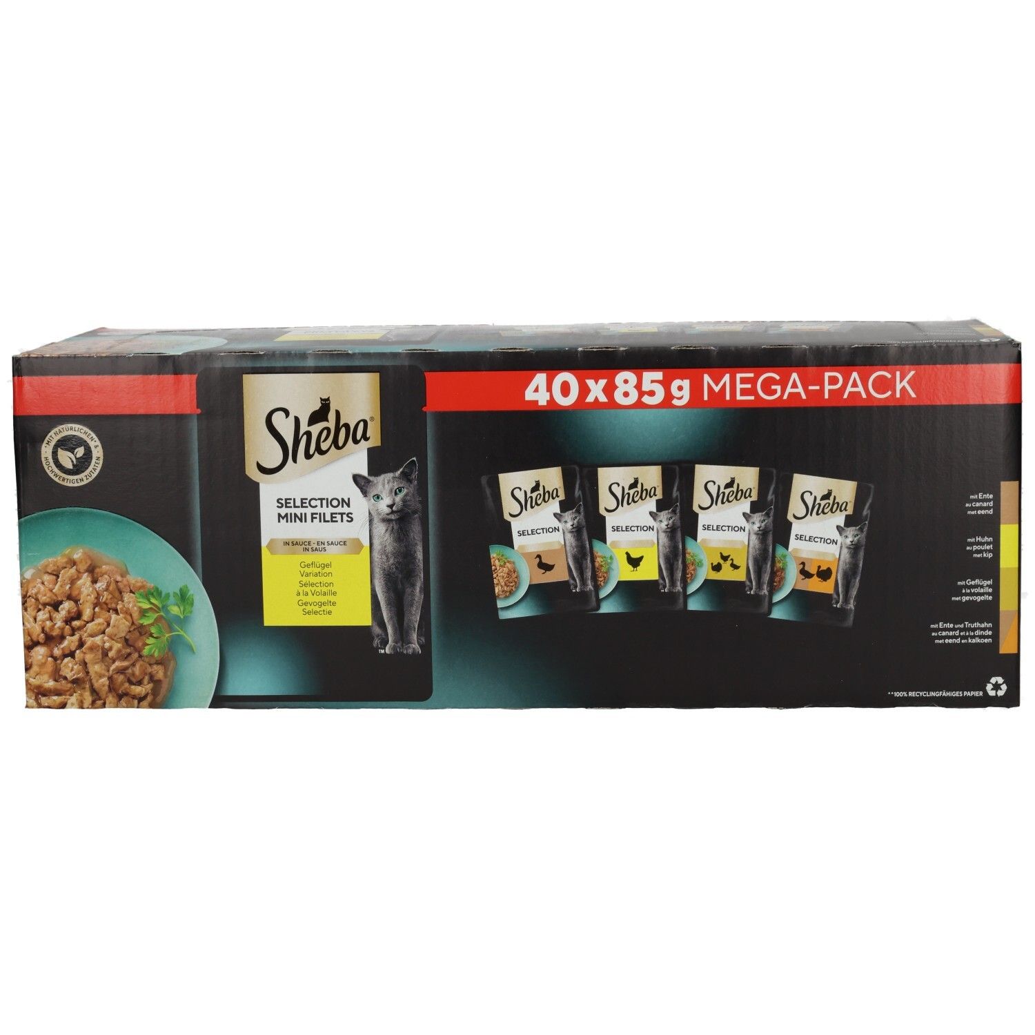 Sheba Selection Mega-Pack: 40x85g Karton mit 4 verschiedenen Geflügel-Variationen in Sauce.