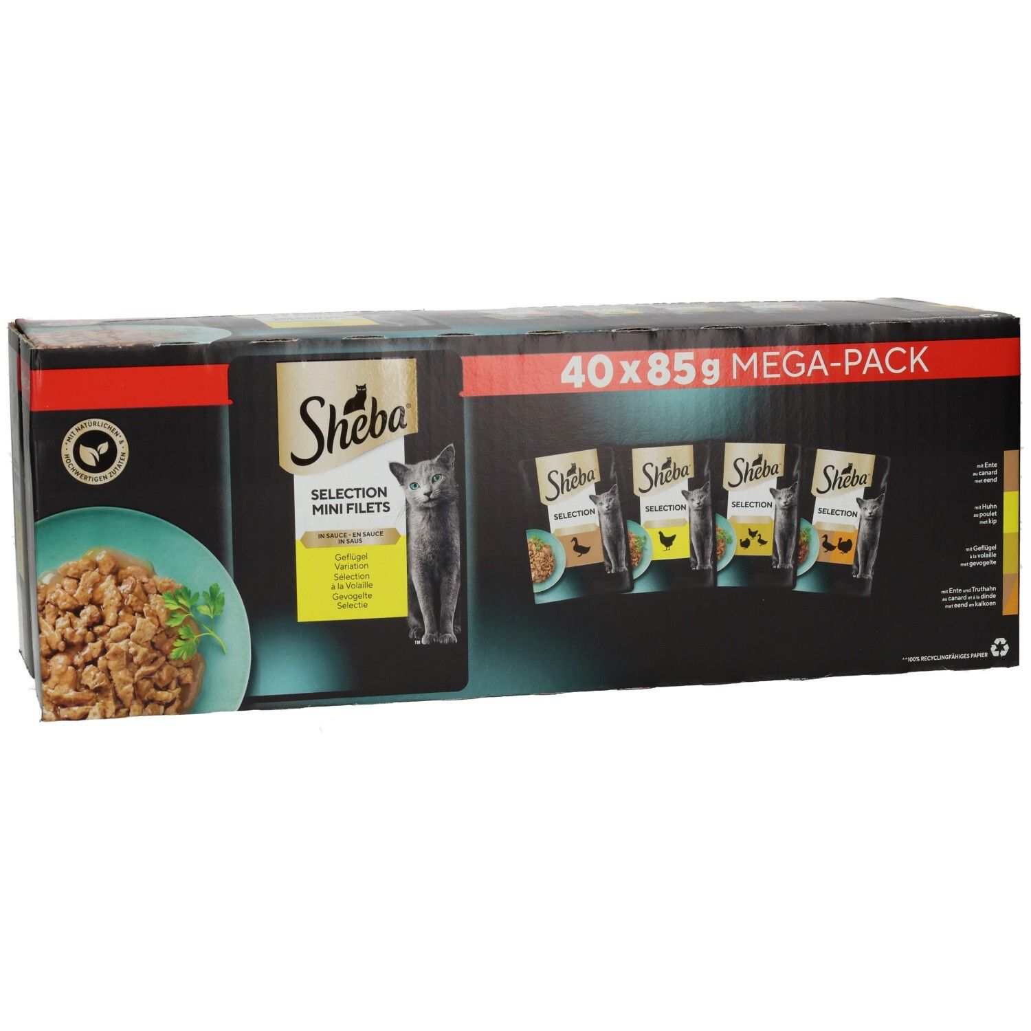 Sheba Selection Mega-Pack: 40x85g Karton mit 4 verschiedenen Geflügel-Variationen in Sauce.