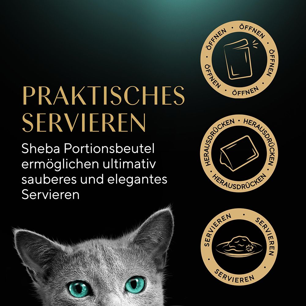 Anleitung zum praktischen Servieren von Sheba Portionsbeuteln für Katzen.