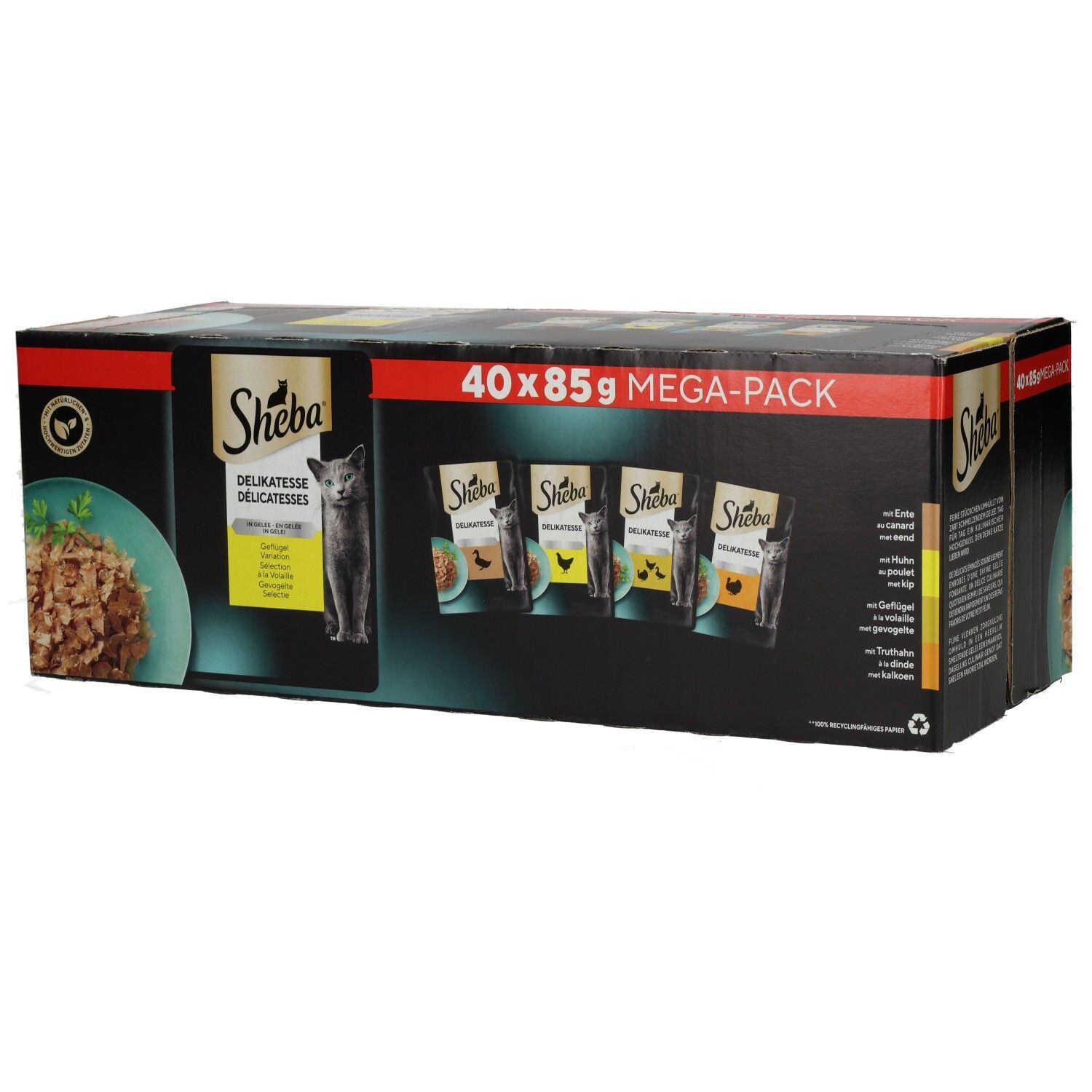 Sheba Delikatessen Multipackung 40x85g: Karton mit mehreren Schalen und einzelnen Packungen.