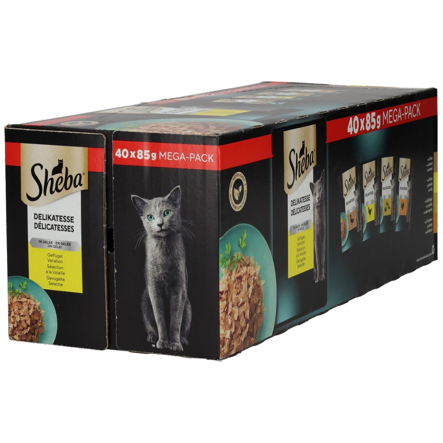 Sheba Delikatessen Multipackung 40x85g: Karton mit mehreren Schalen und einzelnen Packungen.