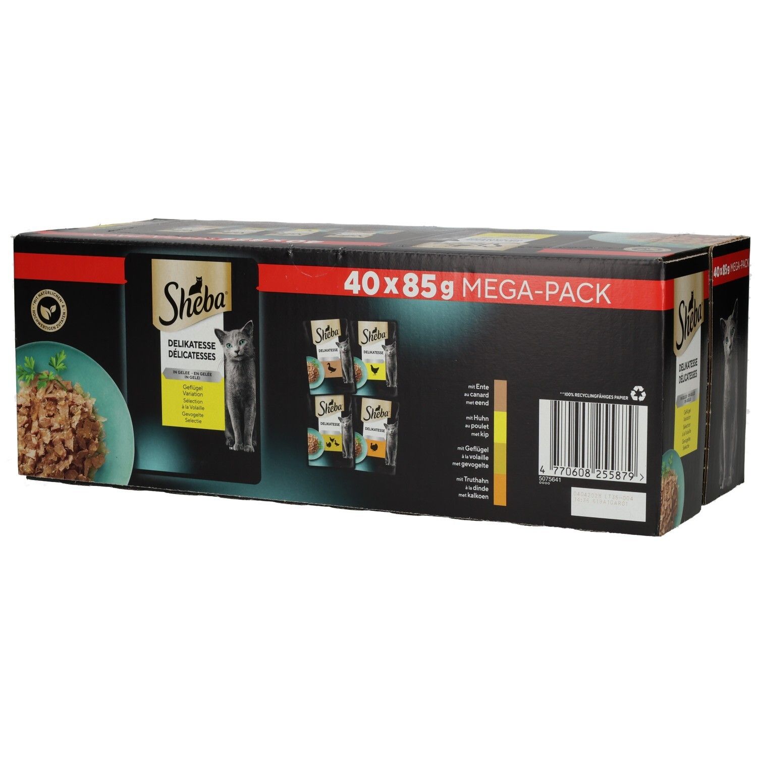 Sheba Delikatessen Multipackung 40x85g: Karton mit mehreren Schalen und einzelnen Packungen.