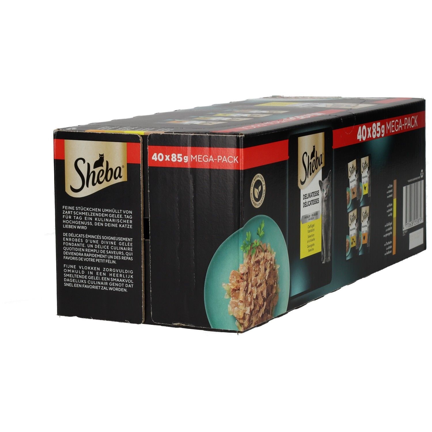 Sheba Delikatessen Multipackung 40x85g: Karton mit mehreren Schalen und einzelnen Packungen.