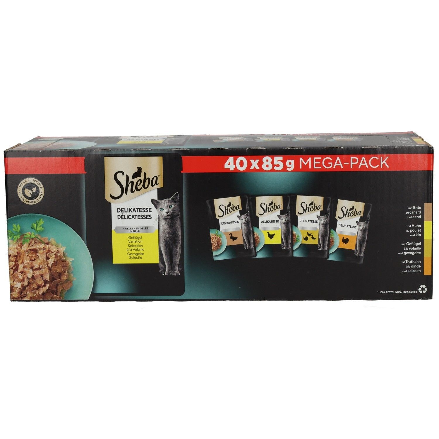 Sheba Delikatessen Multipackung 40x85g: Karton mit mehreren Schalen und einzelnen Packungen.