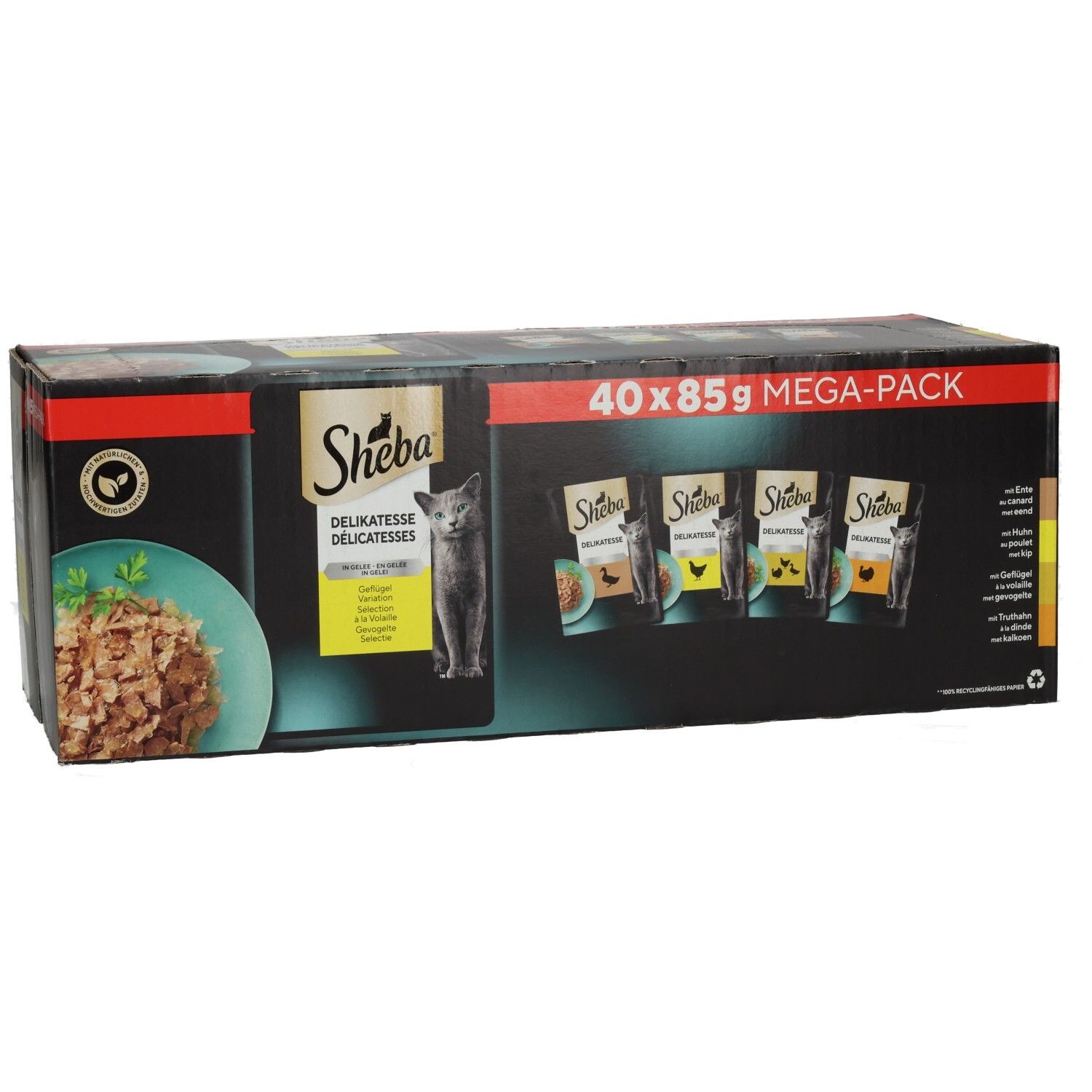 Sheba Delikatessen Multipackung 40x85g: Karton mit mehreren Schalen und einzelnen Packungen.