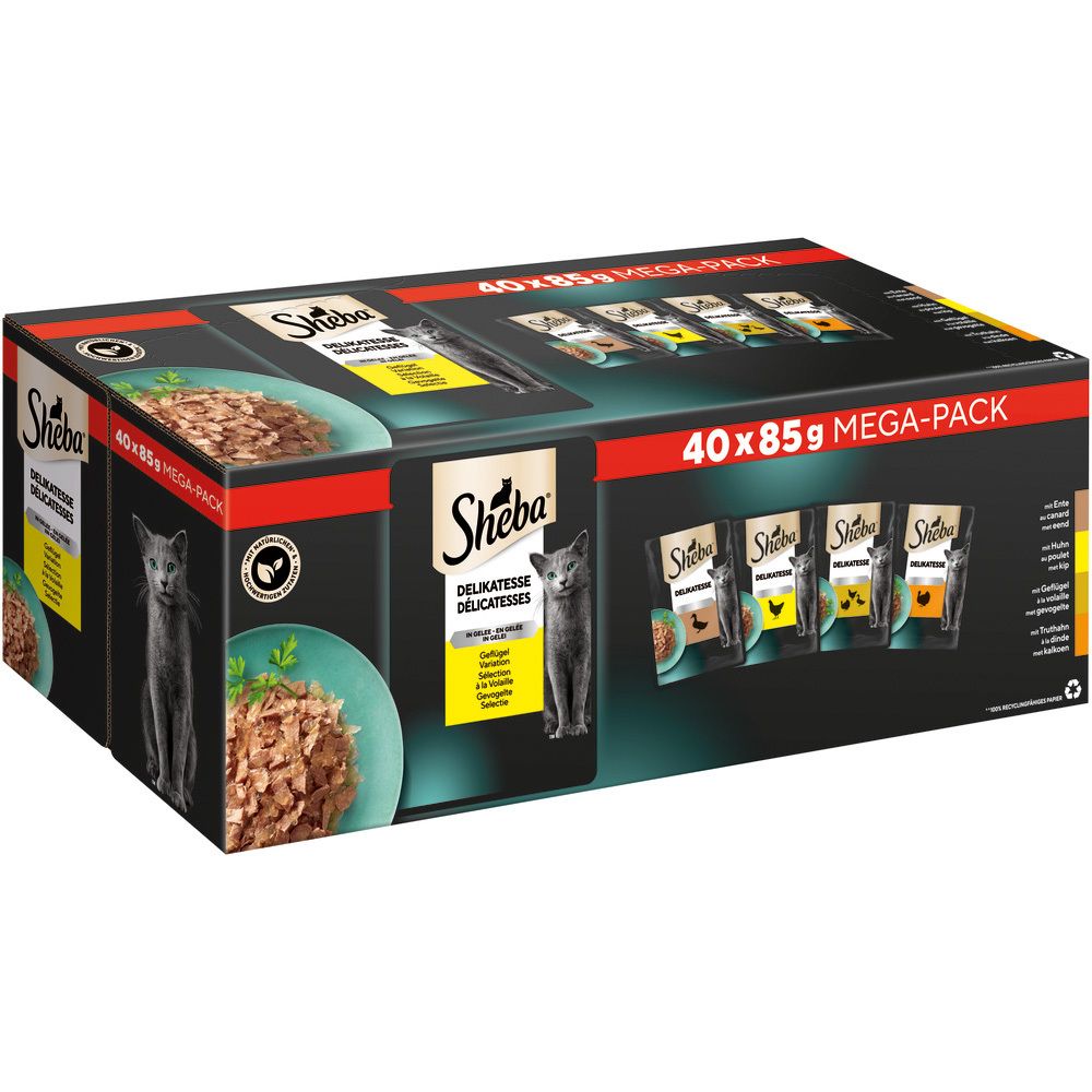 Sheba Delikatessen Multipackung 40x85g: Karton mit mehreren Schalen und einzelnen Packungen.